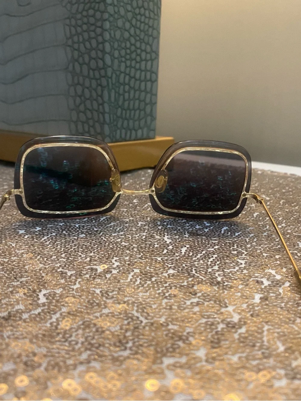 Krewe Green and Gold Square Women's Rimless Sunglasses